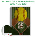 White framed canvas softball wall art featuring a yellow softball and green sports field background