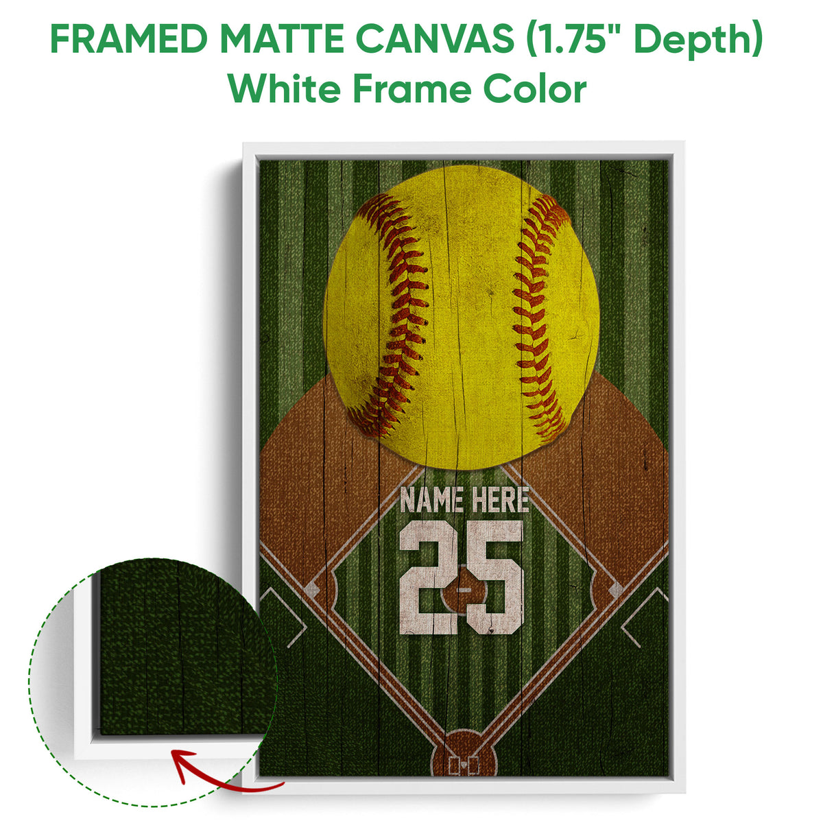 White framed canvas softball wall art featuring a yellow softball and green sports field background