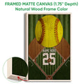 Natural wood framed softball wall art with a large yellow softball and rustic green field artwork