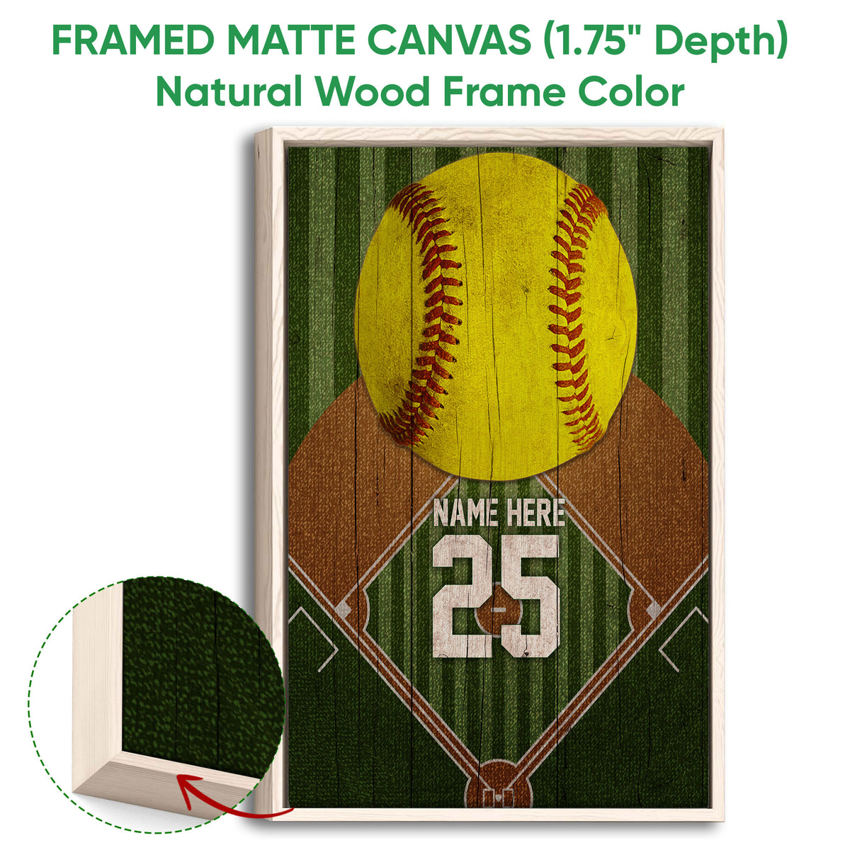 Natural wood framed softball wall art with a large yellow softball and rustic green field artwork