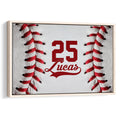 Framed baseball wall art with red stitching and bold red and white sports design