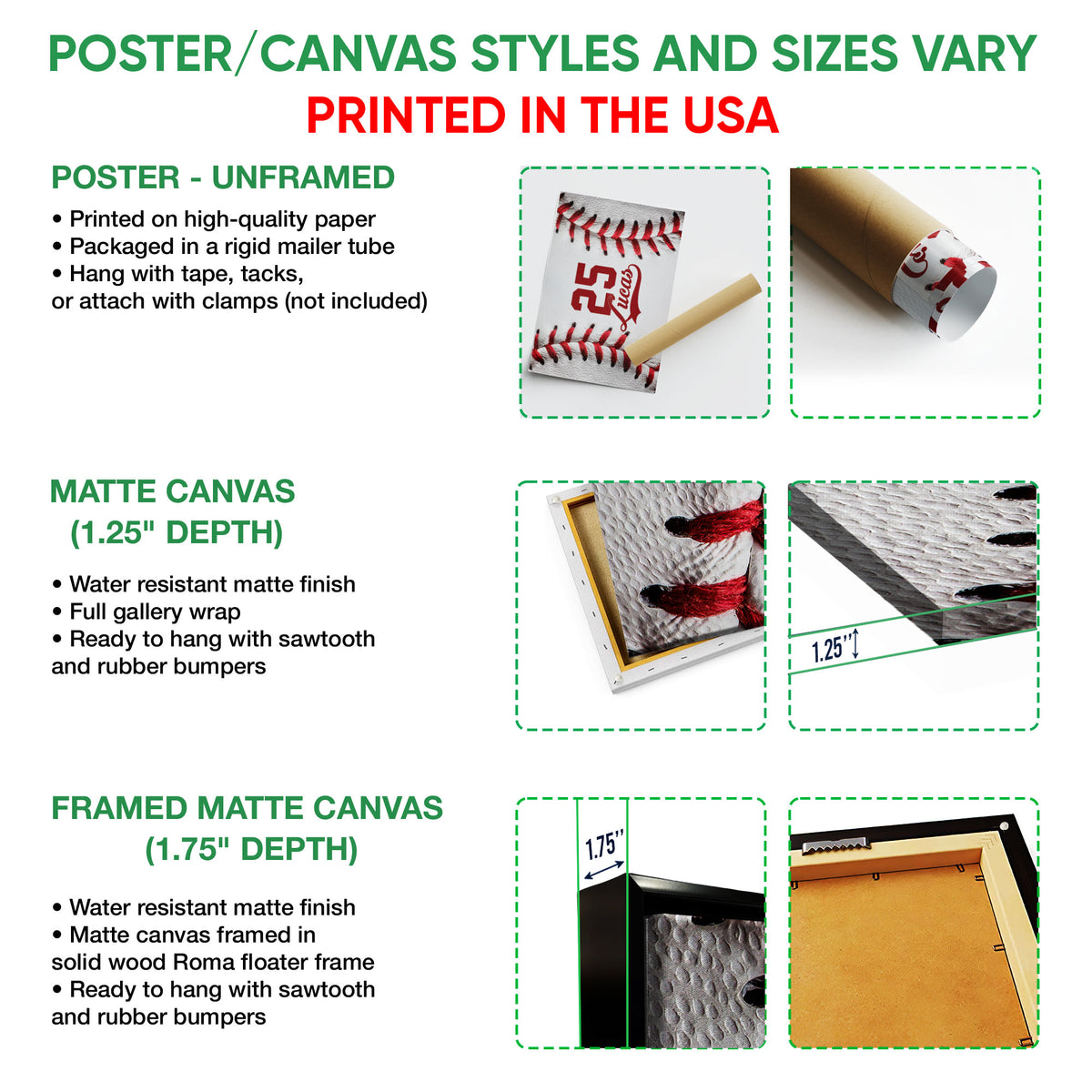 Baseball wall art option guide showing poster, canvas, and framed canvas formats