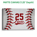 Matte canvas baseball wall art with textured baseball stitching and red graphic details