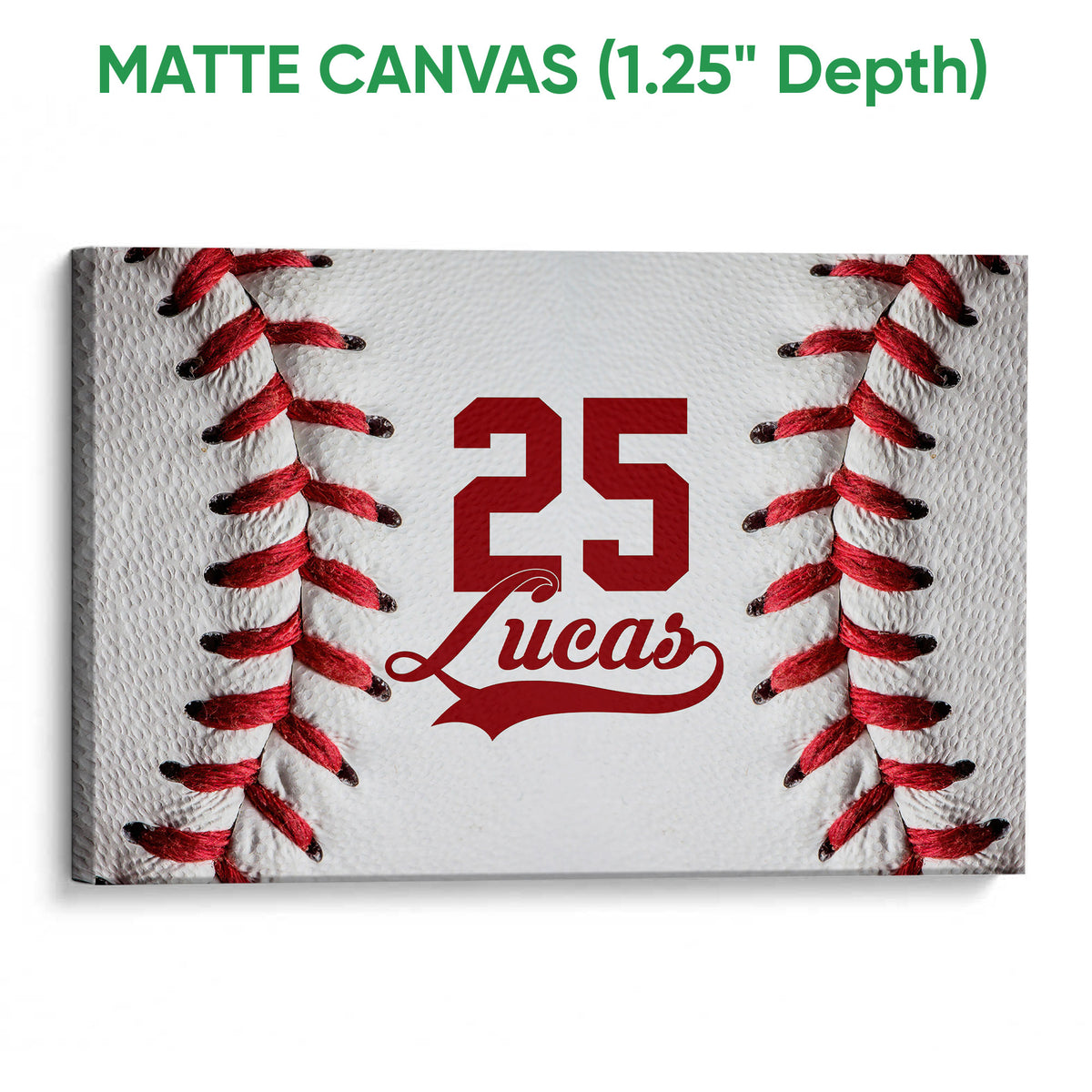Matte canvas baseball wall art with textured baseball stitching and red graphic details