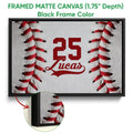 Black framed canvas baseball wall art with red stitching and bold red and white artwork