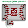 White framed canvas baseball wall art with red stitching and textured sports artwork
