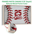Natural wood framed baseball wall art with red stitching and bold red graphic details
