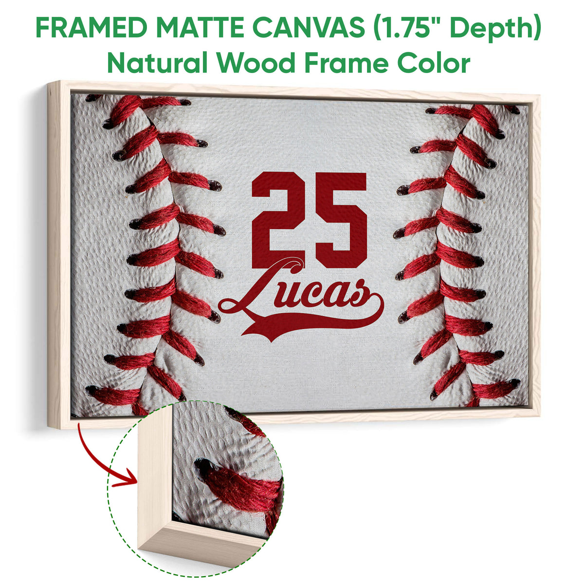 Natural wood framed baseball wall art with red stitching and bold red graphic details
