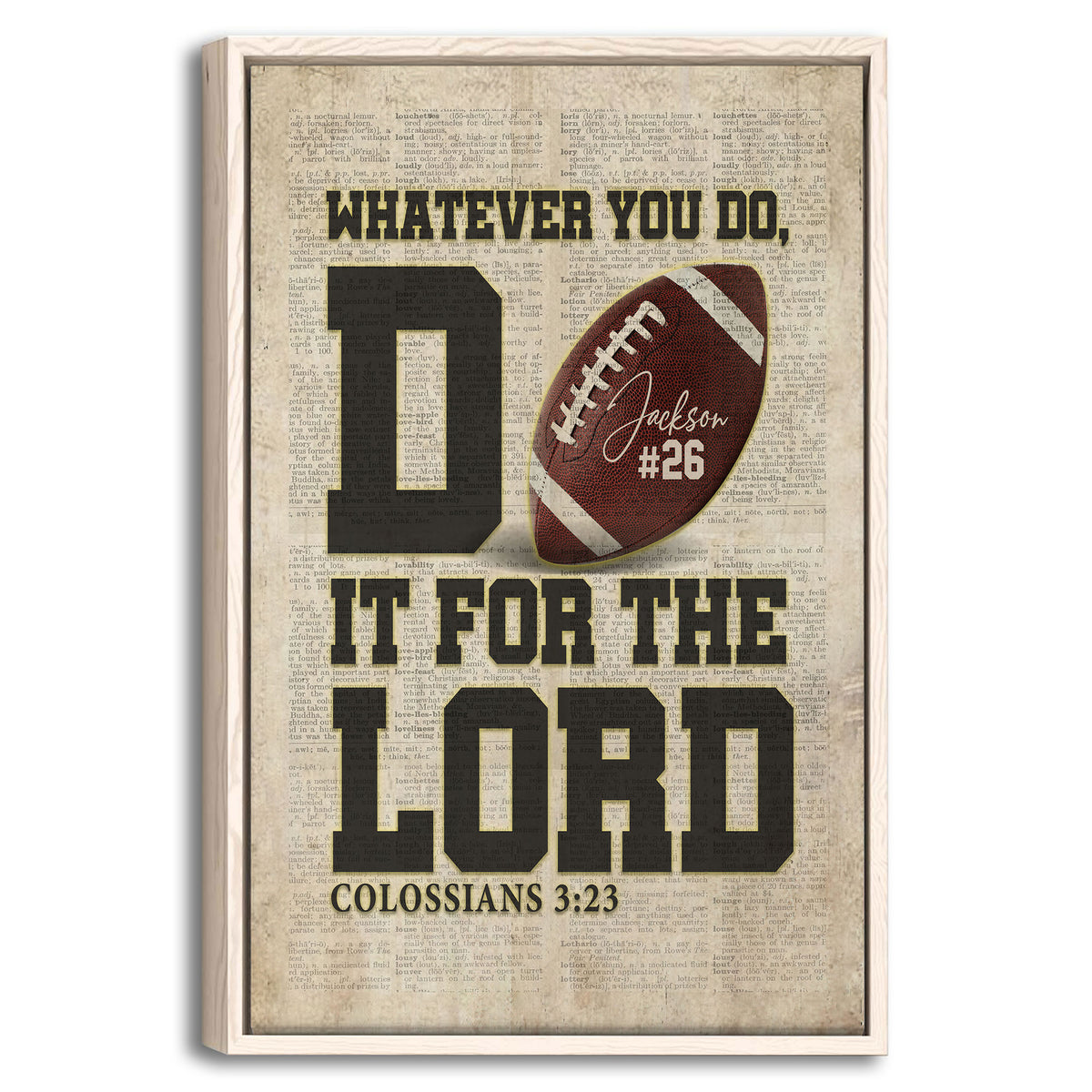 Framed football wall art with a vintage dictionary background, dark typography, and red football imagery