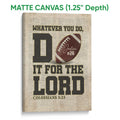 Matte canvas football wall art featuring a vintage text background and red football design
