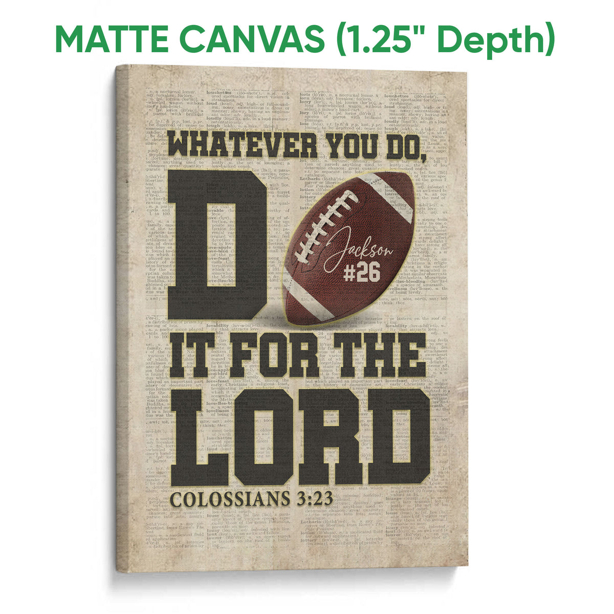 Matte canvas football wall art featuring a vintage text background and red football design