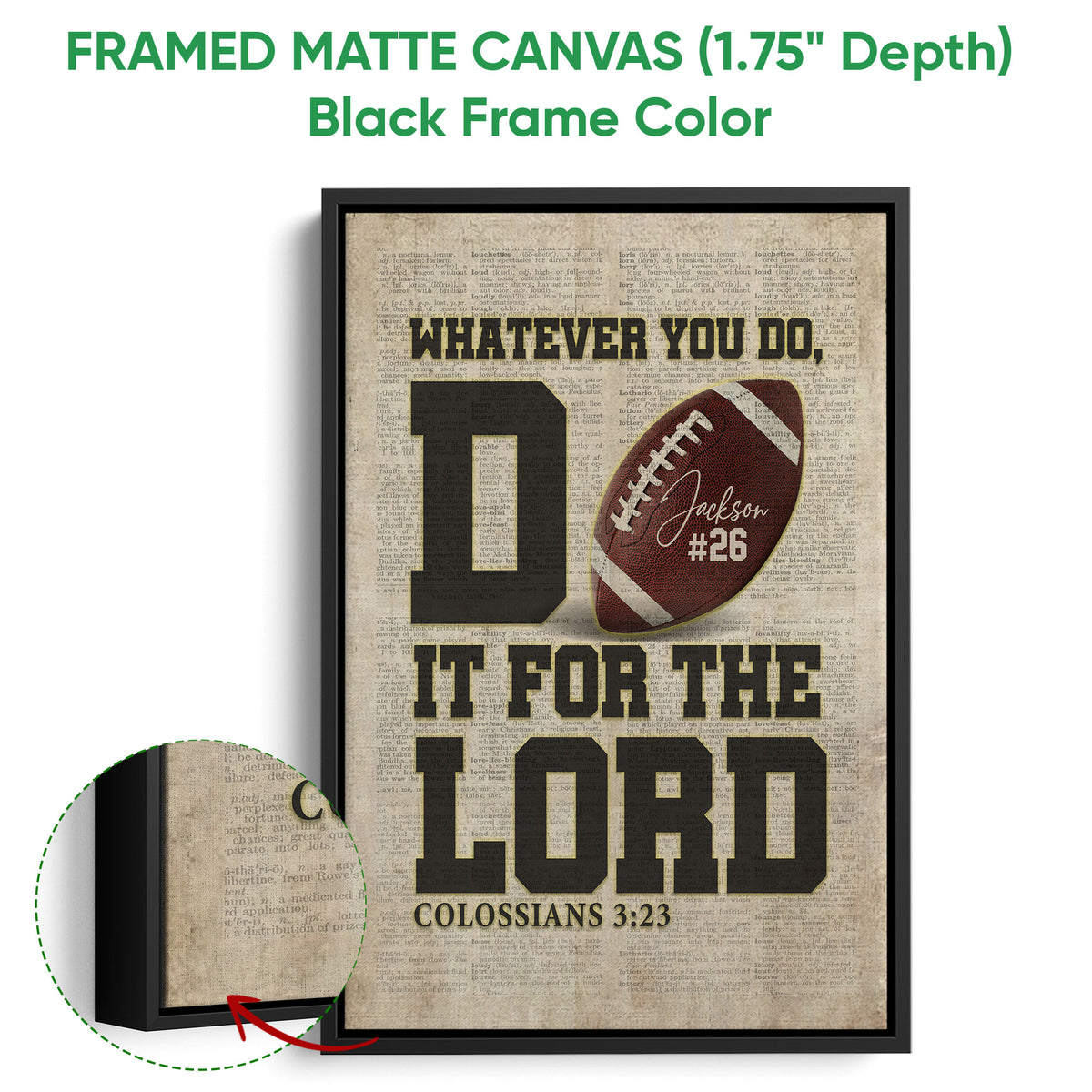 Framed football wall art shown with a black frame and close-up detail of the canvas edge