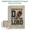 Framed football wall art shown with a white frame and close-up view of the canvas texture