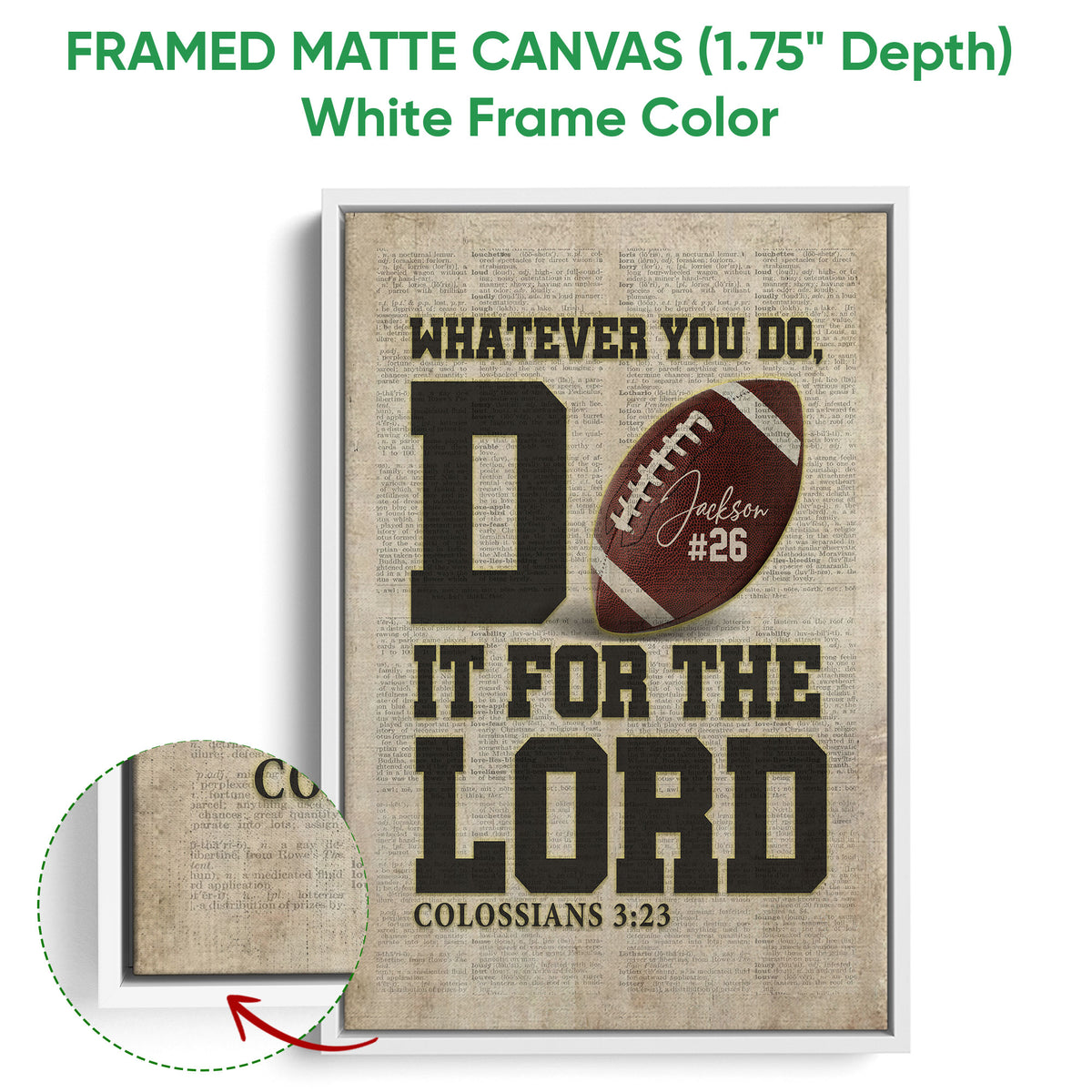 Framed football wall art shown with a white frame and close-up view of the canvas texture