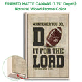 Framed football wall art shown with a natural wood frame and close-up of the frame and canvas edge
