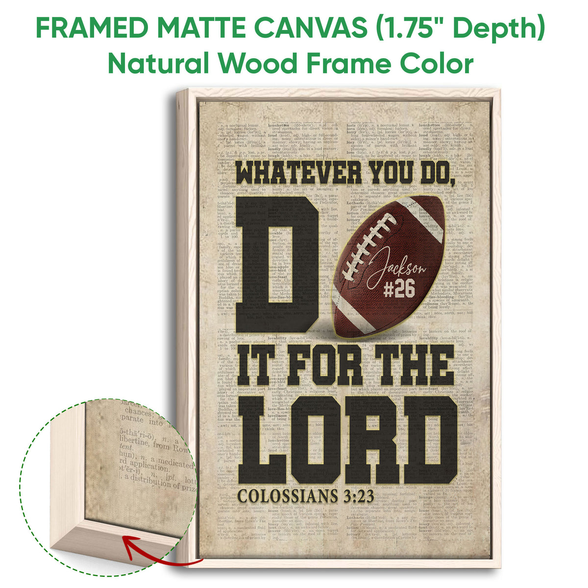 Framed football wall art shown with a natural wood frame and close-up of the frame and canvas edge