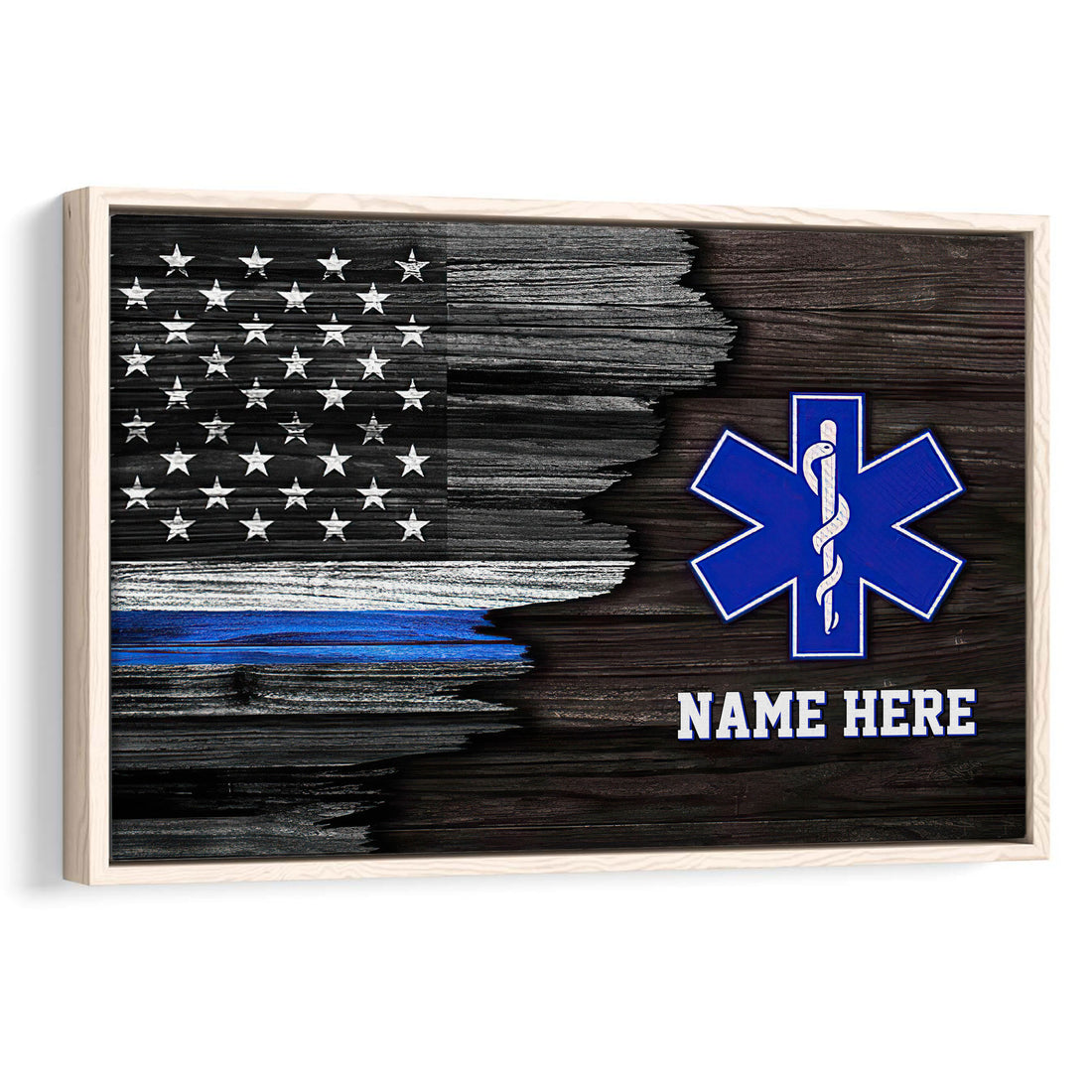 Framed emergency medical services wall art with a distressed American flag and blue Star of Life emblem