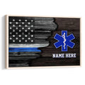 Framed emergency medical services wall art with a distressed American flag and blue Star of Life emblem