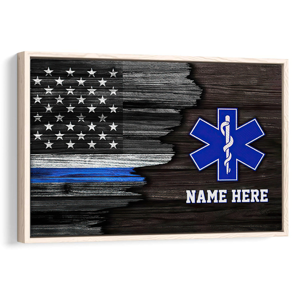Framed emergency medical services wall art with a distressed American flag and blue Star of Life emblem