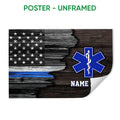 Unframed emergency medical services poster featuring a distressed American flag and blue Star of Life