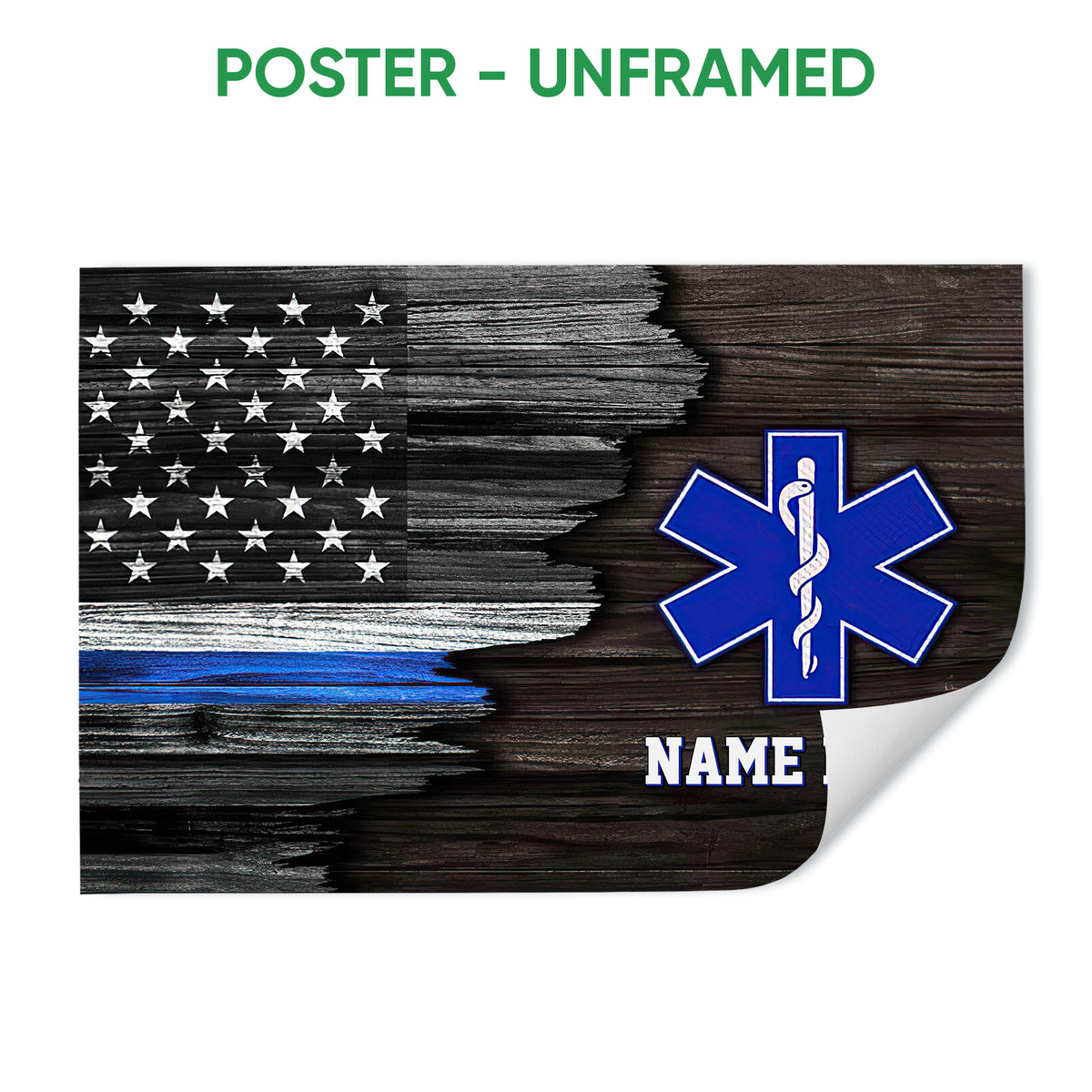 Unframed emergency medical services poster featuring a distressed American flag and blue Star of Life