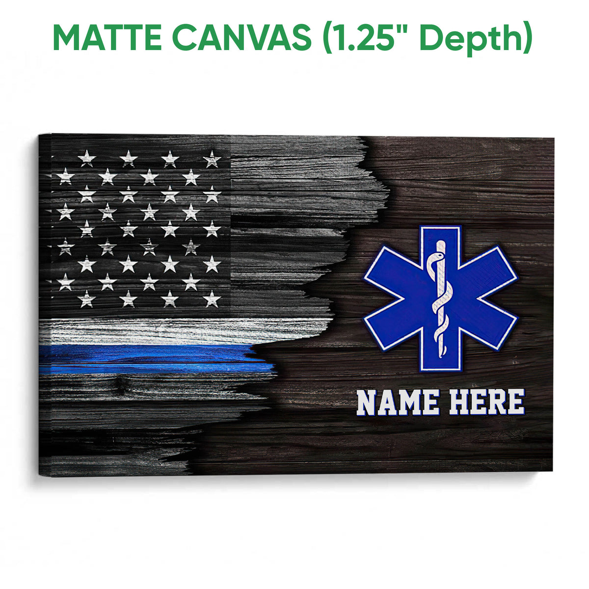 Matte canvas emergency medical services wall art with a distressed American flag and blue Star of Life