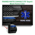 Black framed emergency medical services canvas wall art with patriotic flag design and blue Star of Life
