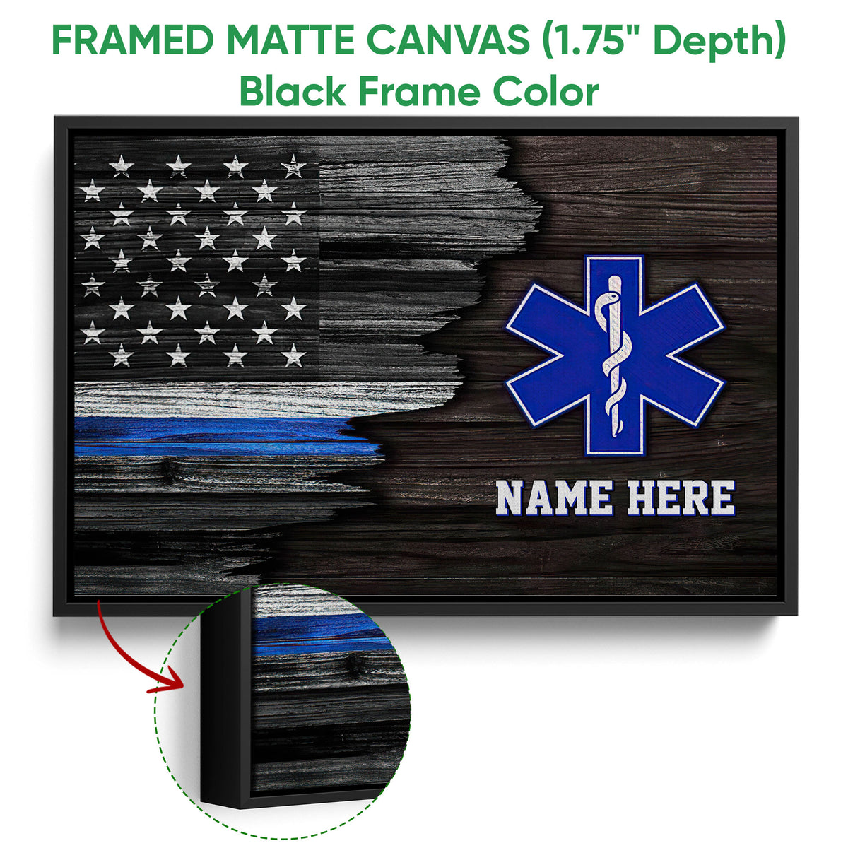 Black framed emergency medical services canvas wall art with patriotic flag design and blue Star of Life