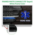 White framed emergency medical services canvas wall art with distressed American flag design