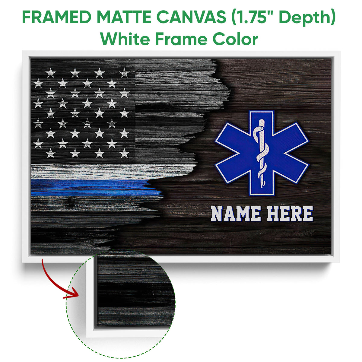 White framed emergency medical services canvas wall art with distressed American flag design
