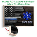 Natural wood framed emergency medical services canvas with patriotic flag and blue Star of Life design