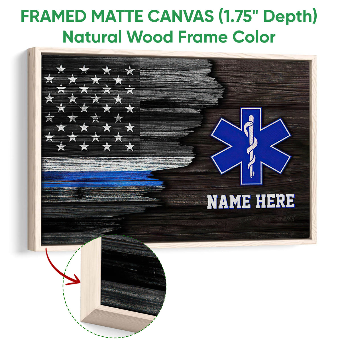 Natural wood framed emergency medical services canvas with patriotic flag and blue Star of Life design