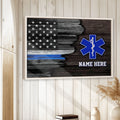 Emergency medical services wall art displayed in a bright room on white wood paneling