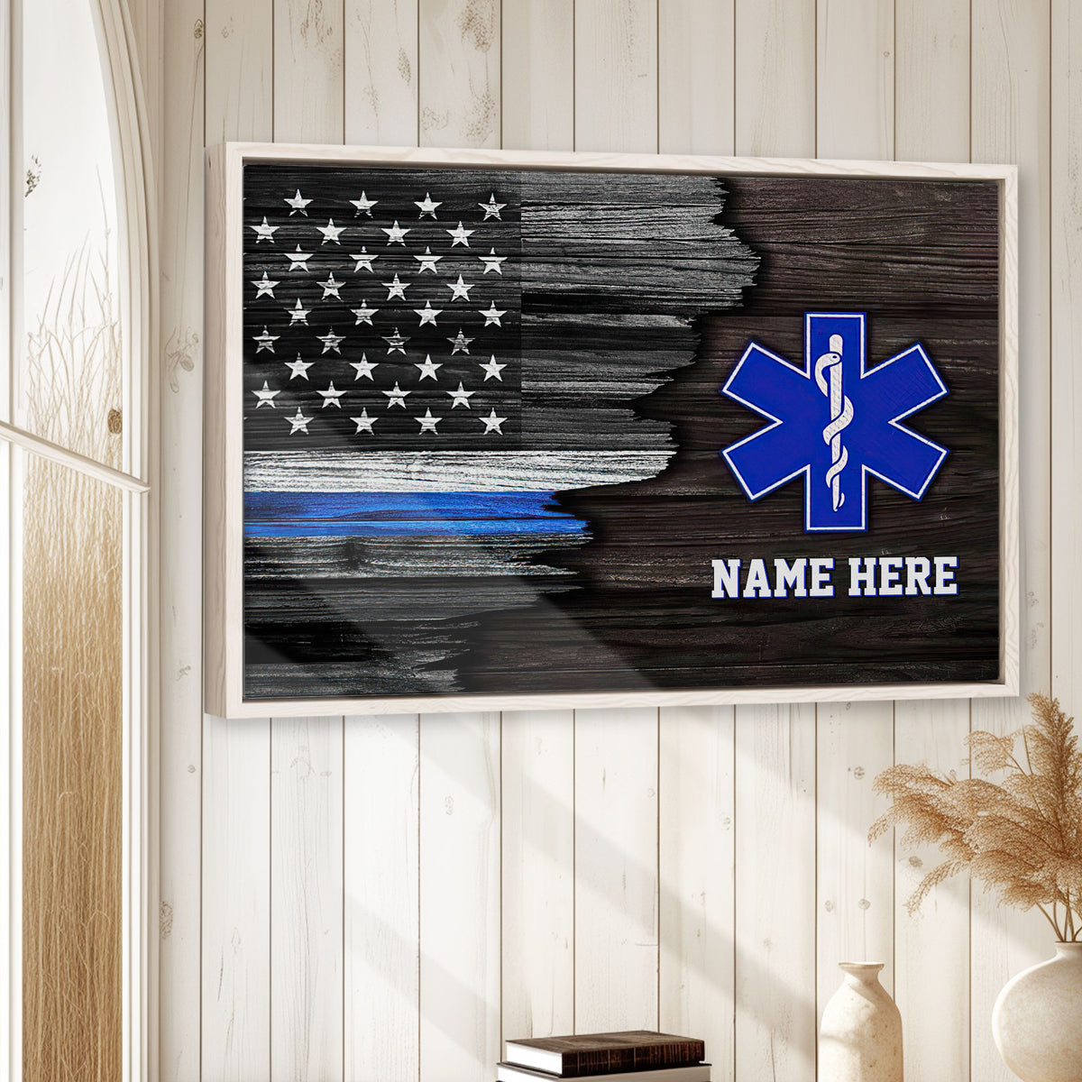 Emergency medical services wall art displayed in a bright room on white wood paneling