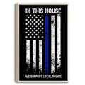 Framed police support wall art with a distressed black, white, and blue-line flag design