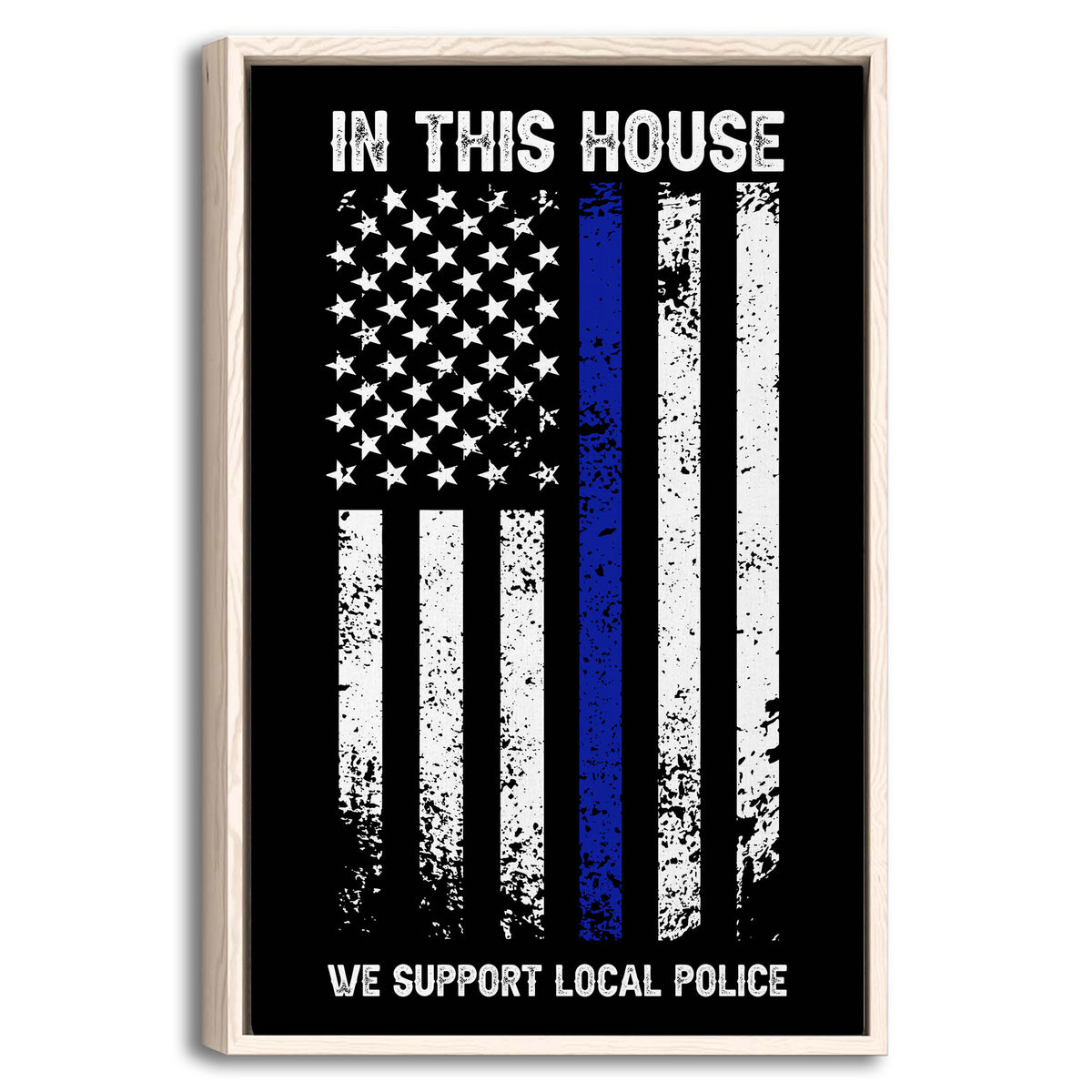 Framed police support wall art with a distressed black, white, and blue-line flag design