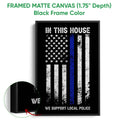 Black framed canvas police support wall art with a distressed blue-line flag design