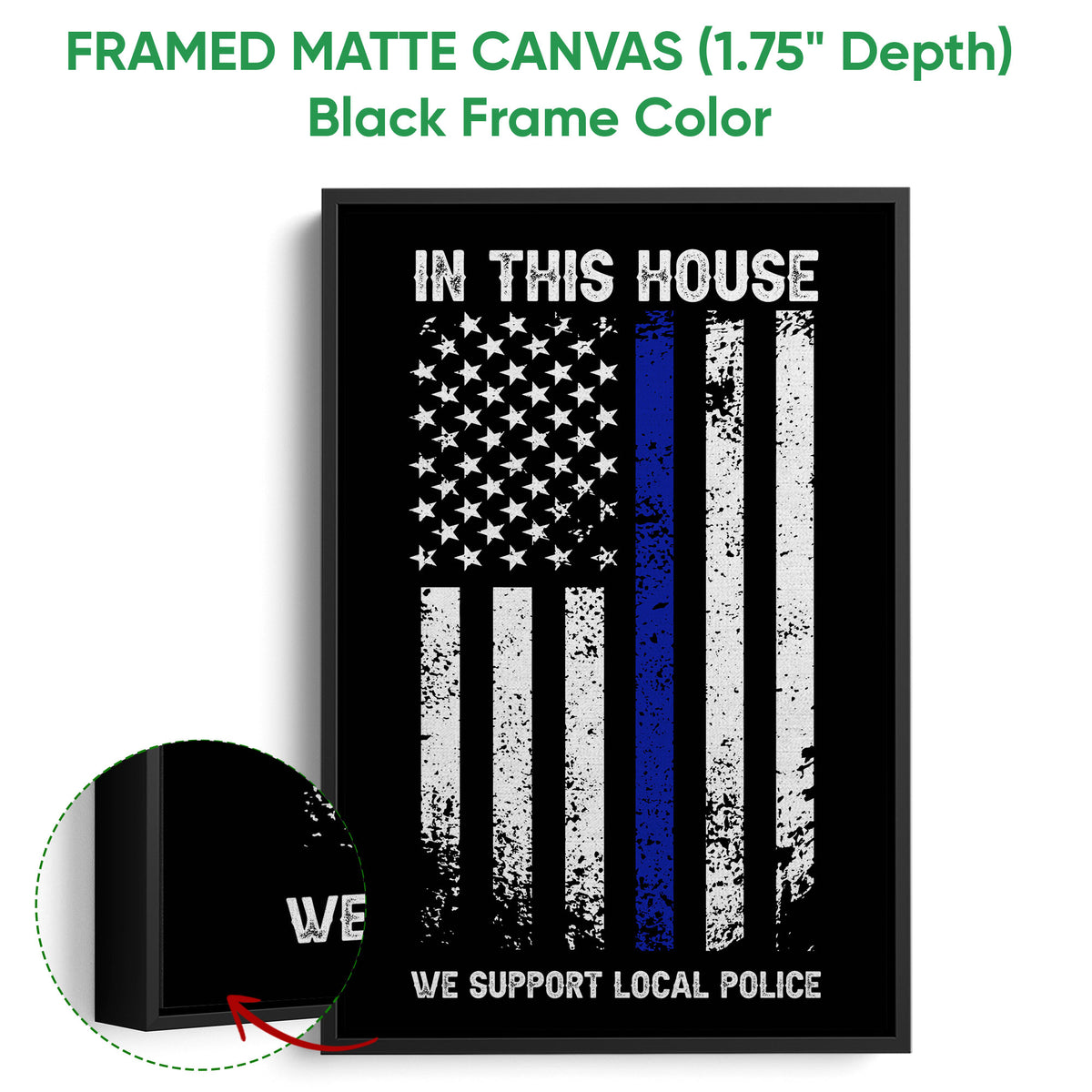 Black framed canvas police support wall art with a distressed blue-line flag design