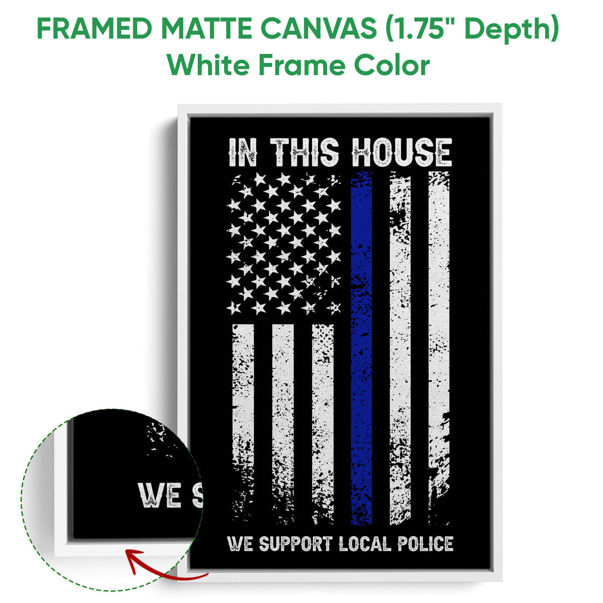 White framed canvas police support wall art with a distressed stars and stripes design