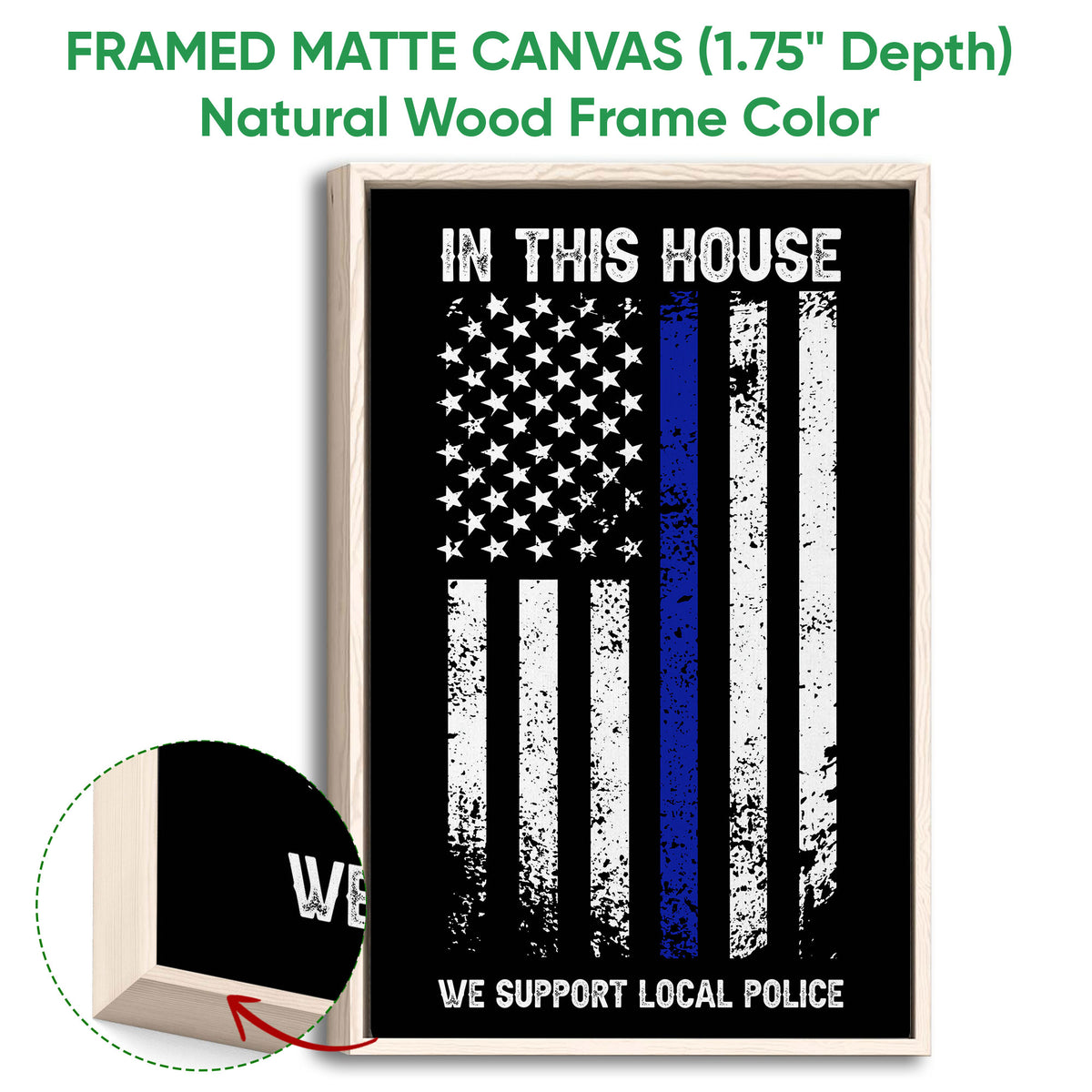 Natural wood framed police wall art featuring a distressed blue-line flag and support message