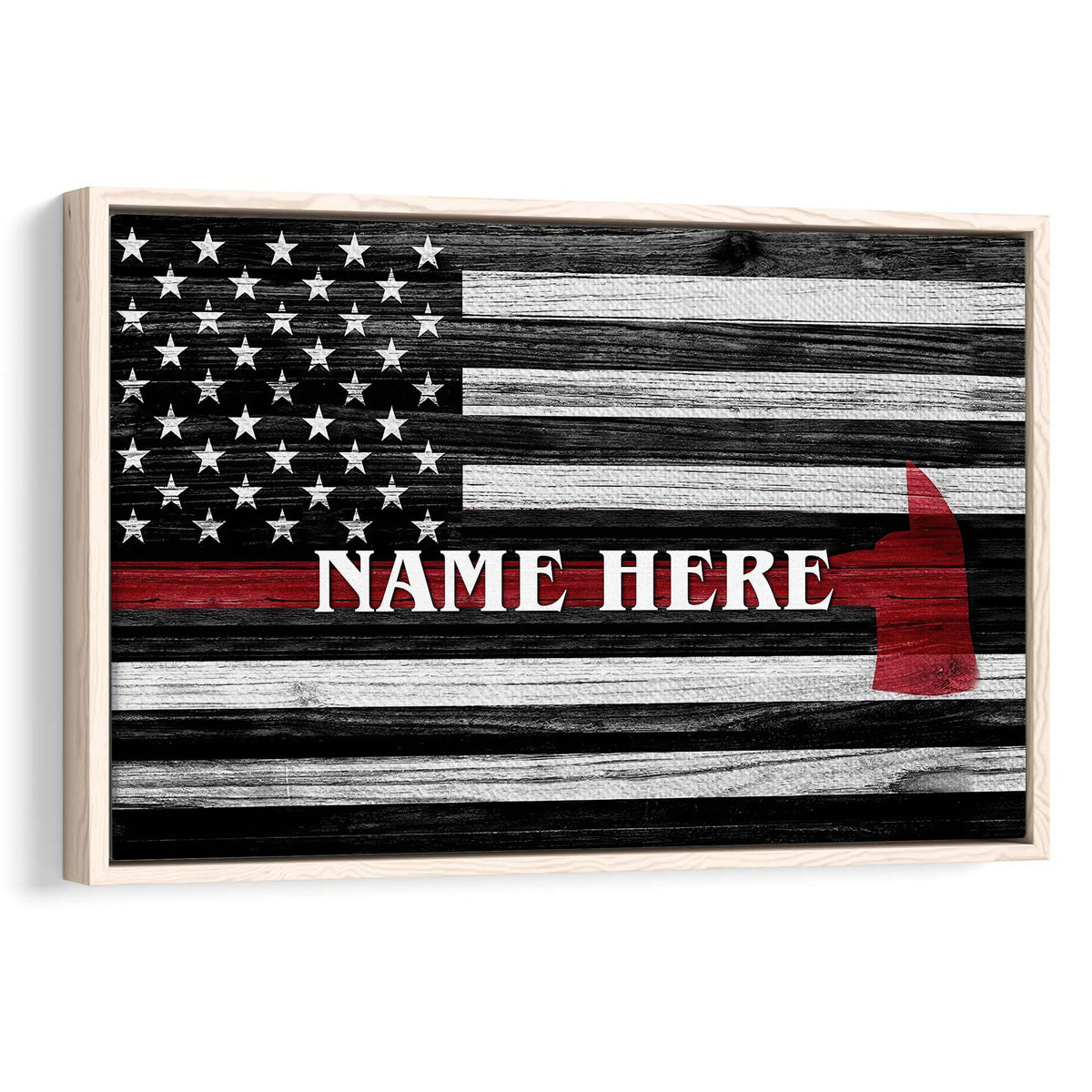 Framed firefighter wall art with a black, white, and red American flag design and fire helmet motif