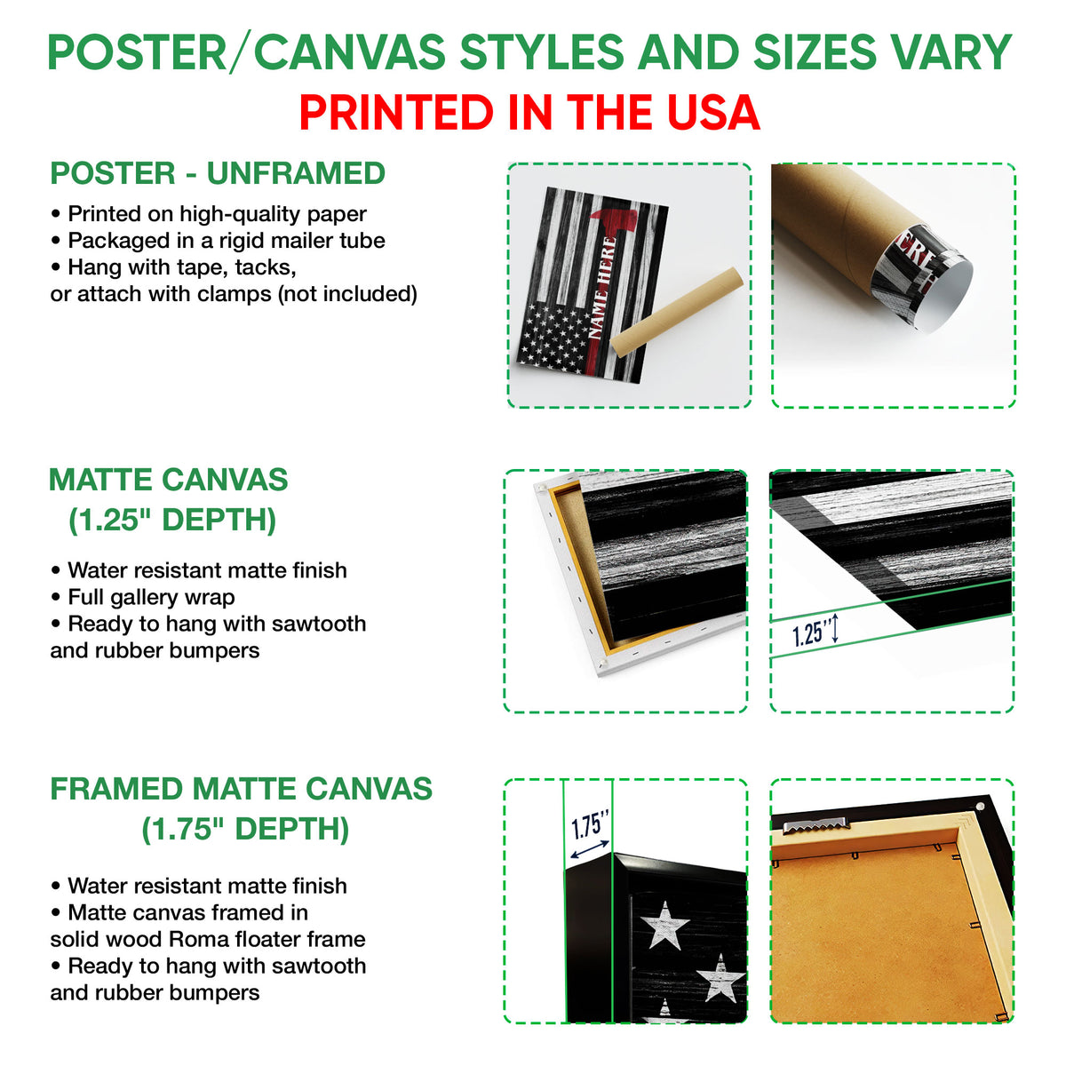 Poster and canvas format guide showing unframed poster, matte canvas, and framed canvas options