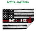 Unframed firefighter poster featuring a distressed black and white flag with a bold red stripe