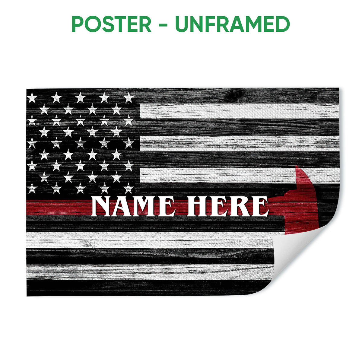 Unframed firefighter poster featuring a distressed black and white flag with a bold red stripe