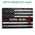 Matte canvas firefighter wall art with rustic flag artwork and a red fire helmet silhouette
