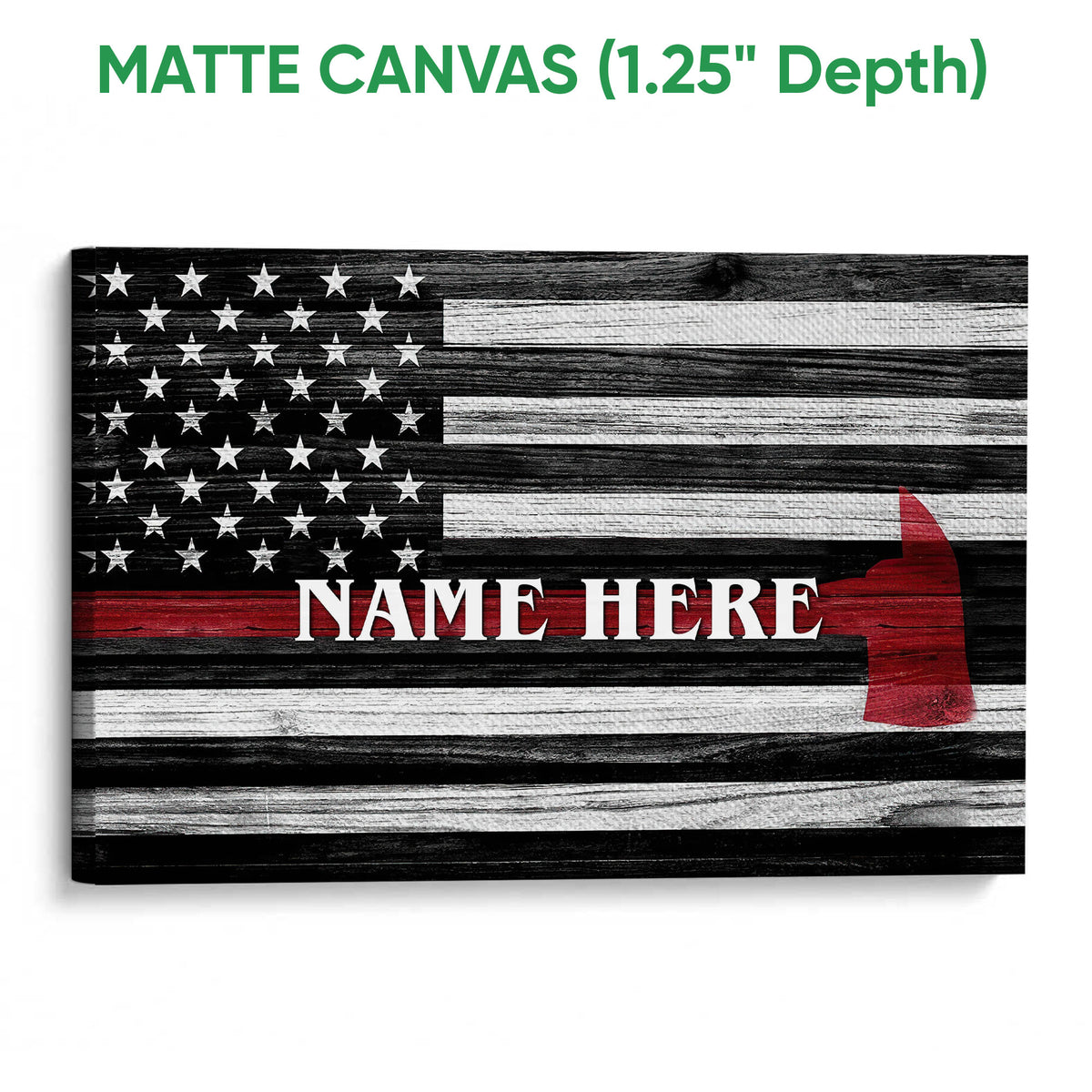 Matte canvas firefighter wall art with rustic flag artwork and a red fire helmet silhouette