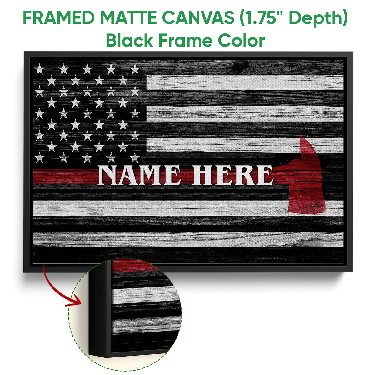 Framed firefighter canvas in a black frame featuring distressed flag artwork with red accents