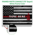 Framed firefighter canvas in a white frame with black, white, and red flag artwork