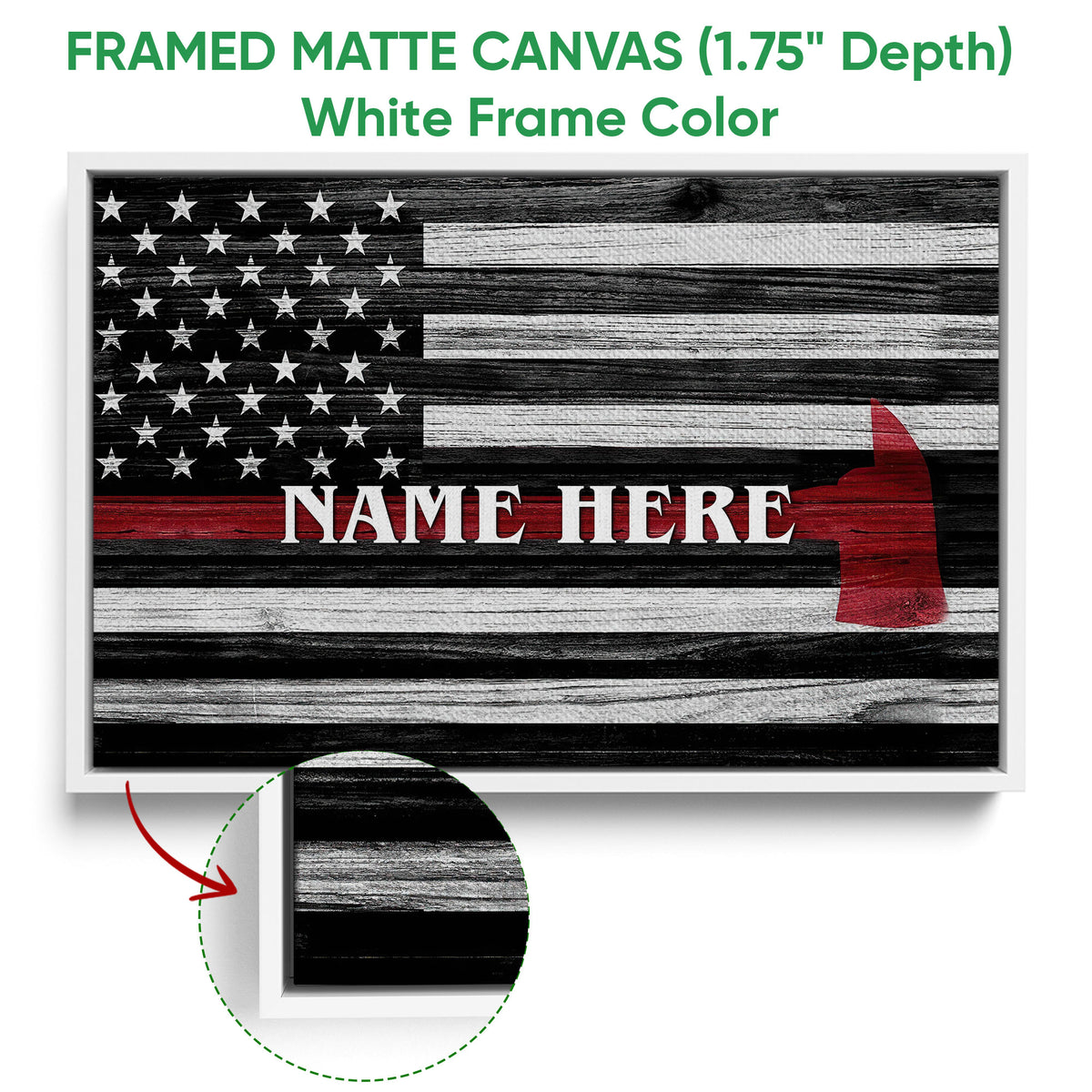 Framed firefighter canvas in a white frame with black, white, and red flag artwork
