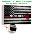 Natural wood framed firefighter wall art featuring a rustic flag design and red fire helmet motif